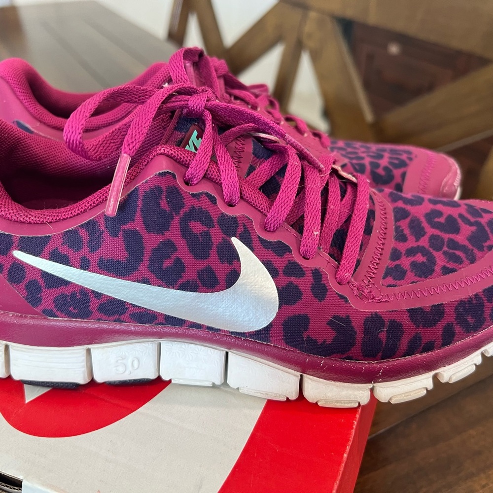 Nike Pink and Silver Athletic Shoes with Leopard Print